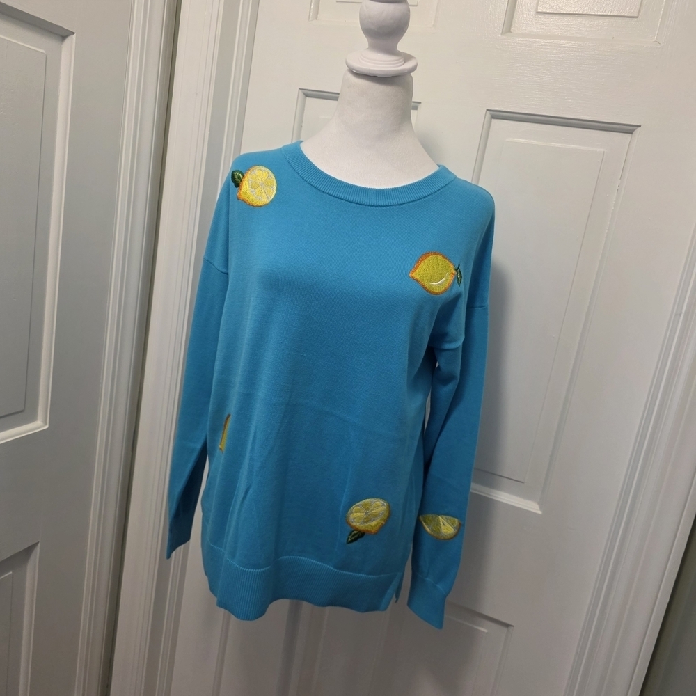 Belle by Kim Gravel Blue Sweater with Lemon Accents Size XS/S Preppy